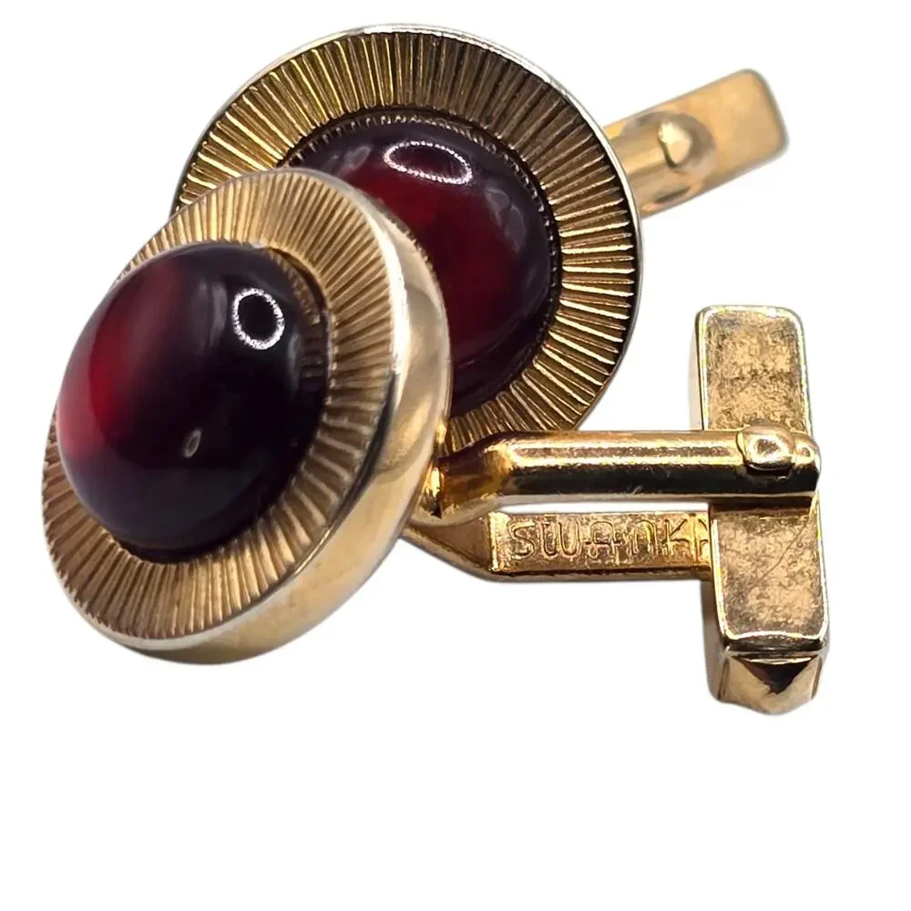 Vintage Swank Cufflinks Deep Red Glass MCM Folding Toggle Gold Tone 50s 70s
